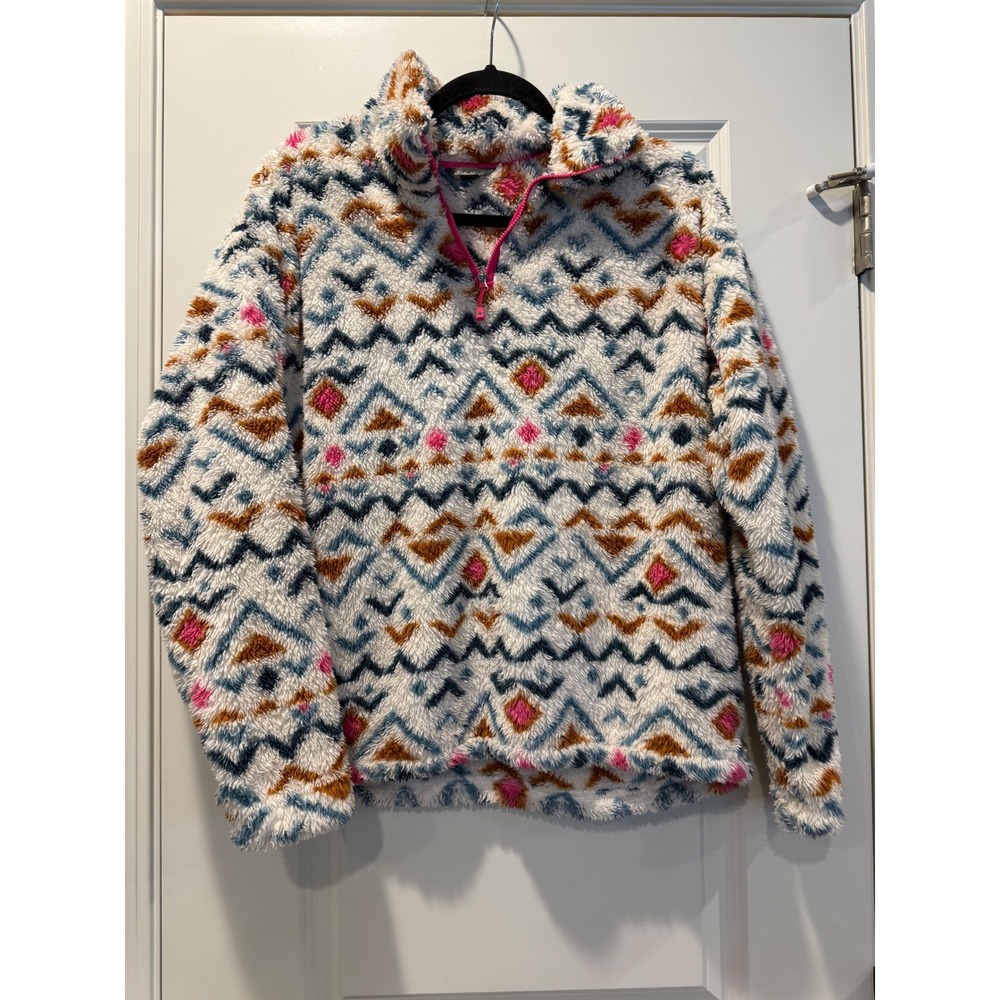 Eddie Bauer Womens Sherpa Fleece Quarter Zip Pullover Southwestern Geometric L‎